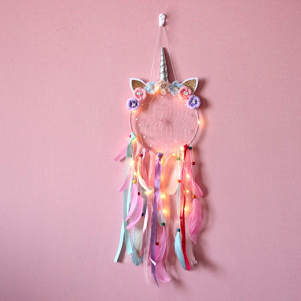 JZK Rosa atrapasueños Unicornio con luz para niñas, atrapasueños Plumas con luz LED para decoración de Dormitorio, Colgante de Pared, Regalo de cumpleaños para niñas