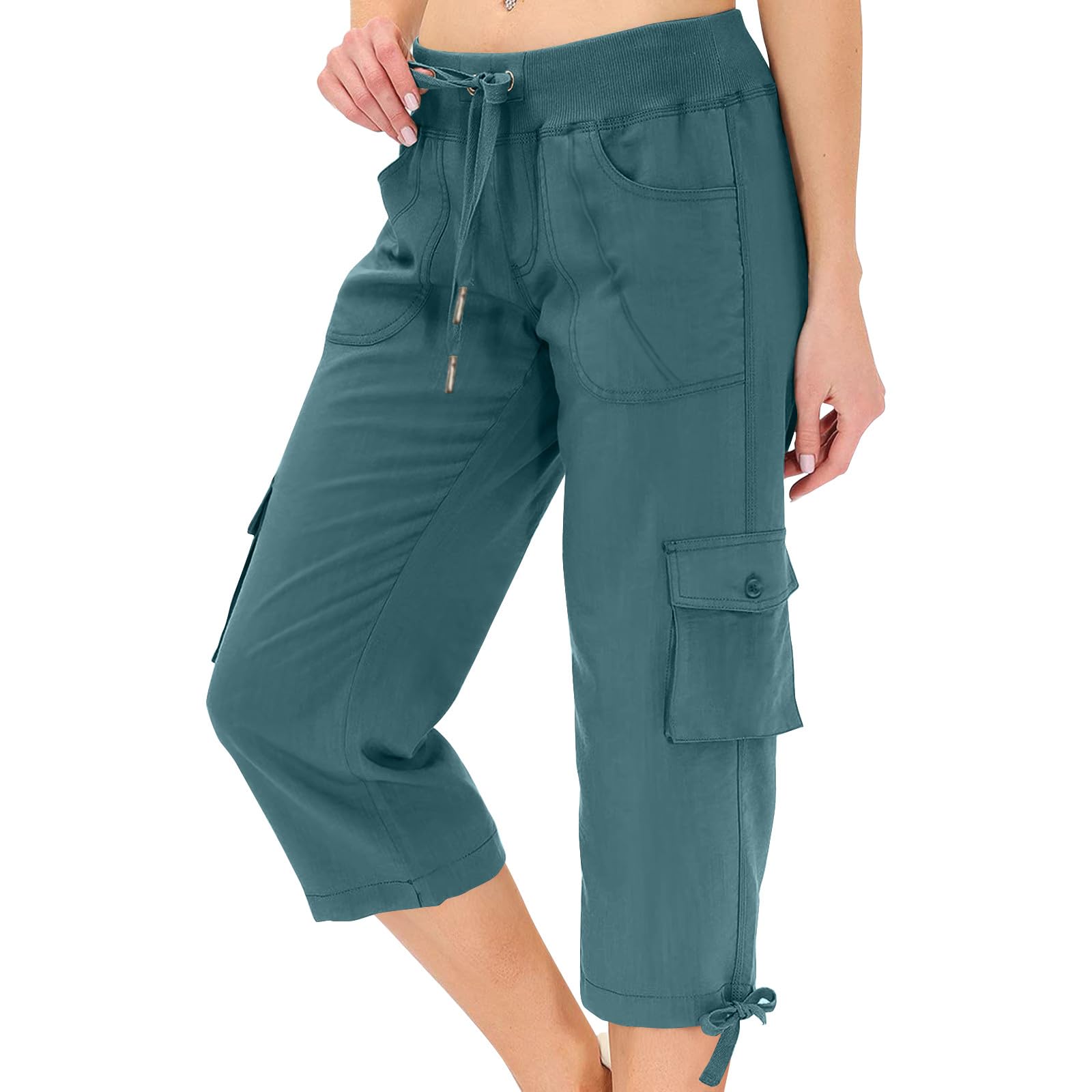Cargo Capris for Women Summer Casual Drawstring Capris Pants with Pockets Plus Size Quick Dry Hiking Pants Baggy Capri Cargo Pants Elastic Waist Cropped Pants Outdoor Travel Pants for Camping Golf