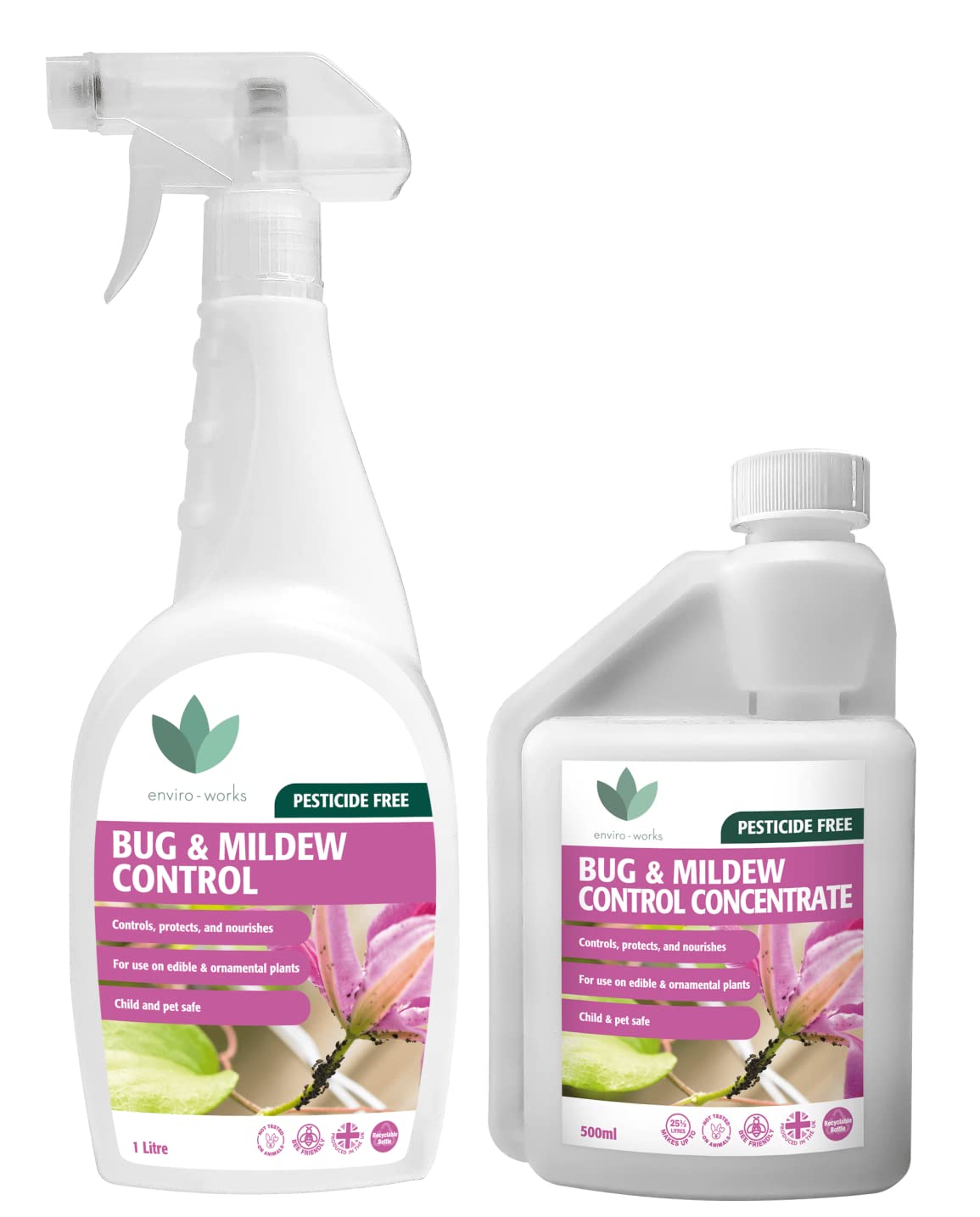 Enviro Works - Bug and Mildew Control - 1L Ready to Use and 500ml Super Concentrate Refill - Pesticide Free - Safe to use around children, pets and bees