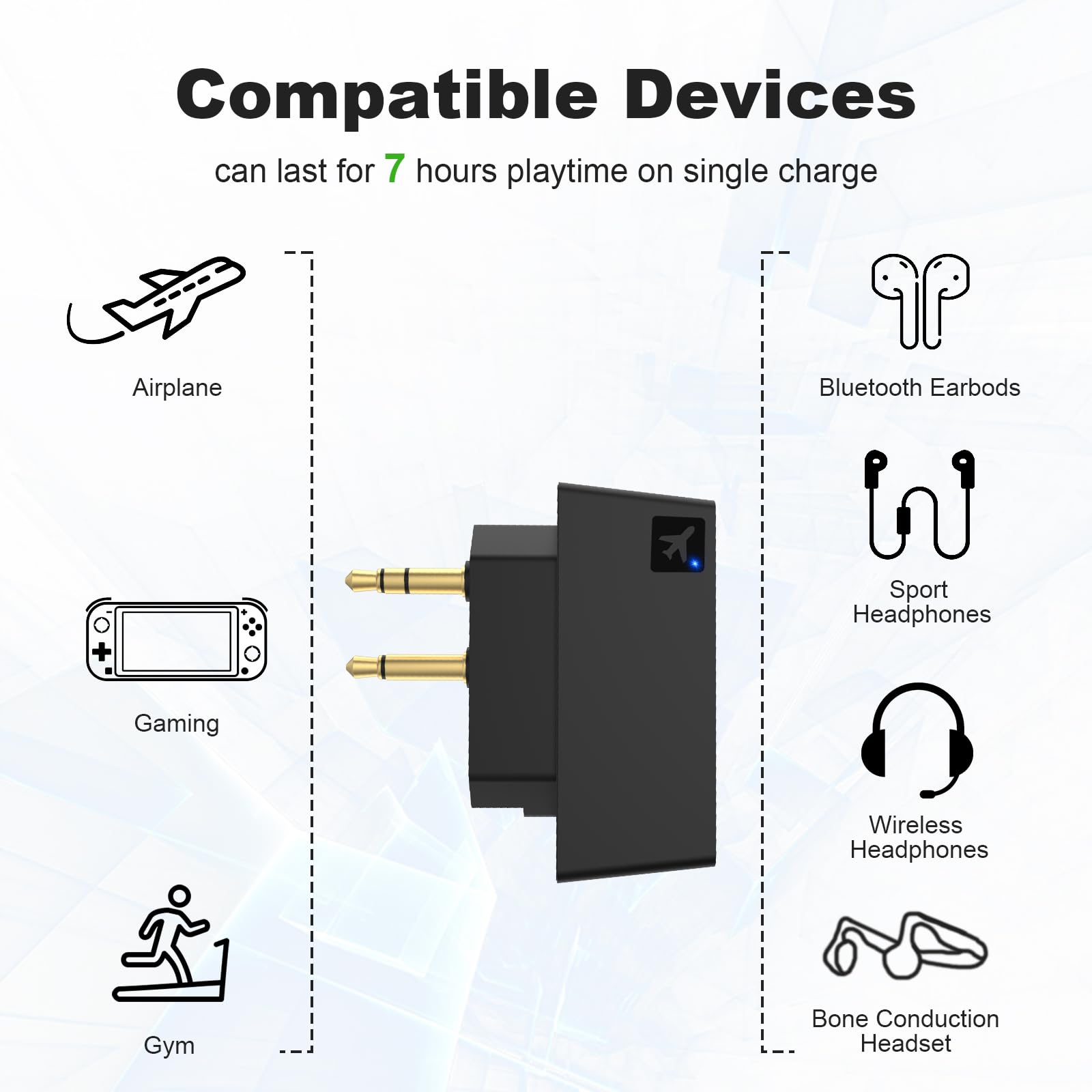 Adaptador Bluetooth de avión para auriculares inalámbricos y cualquier conector auxiliar de 3,5 mm en avión, receptor transmisor Bluetooth 5.0 para TV, iPad, altavoz, gimnasio, enchufe dorado plegable
