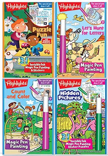 Highlights Magic Pen Painting Activity Books Includes 4 Books: Highlights Hidden Pictures, Fun Puzzle, Let's Hunt for Letters, Count and Color Invisible Ink Magic Pen Painting Books