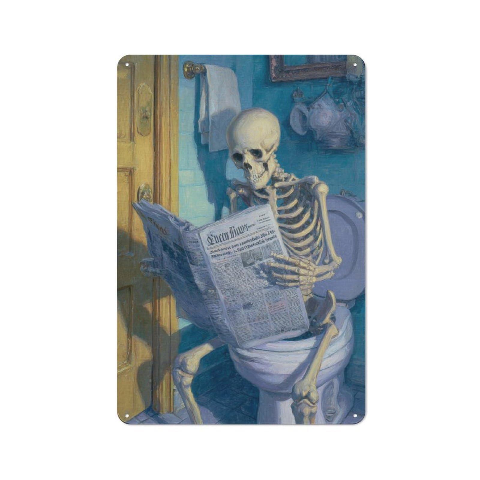 Skeleton Reading The Newspaper Bathroom Tin Metal Signs Wall Art Decorations for Bar Pub Club Cafe Room Farmhouse White 30x20cm