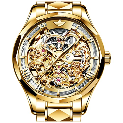 OUPINKE Men's Gold Skeleton Wrist Watches Automatic Mechanical Luxury Dress Stainless Steel Sapphire Crystal Waterproof Self Winding