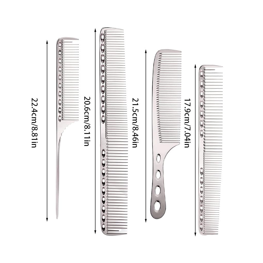 5er-Set, 4er-Pack/Los, ergonomischer Griff für bequemeres Kämmen, bequemer zu halten, Metall-Haarschneidekamm, helles Silber