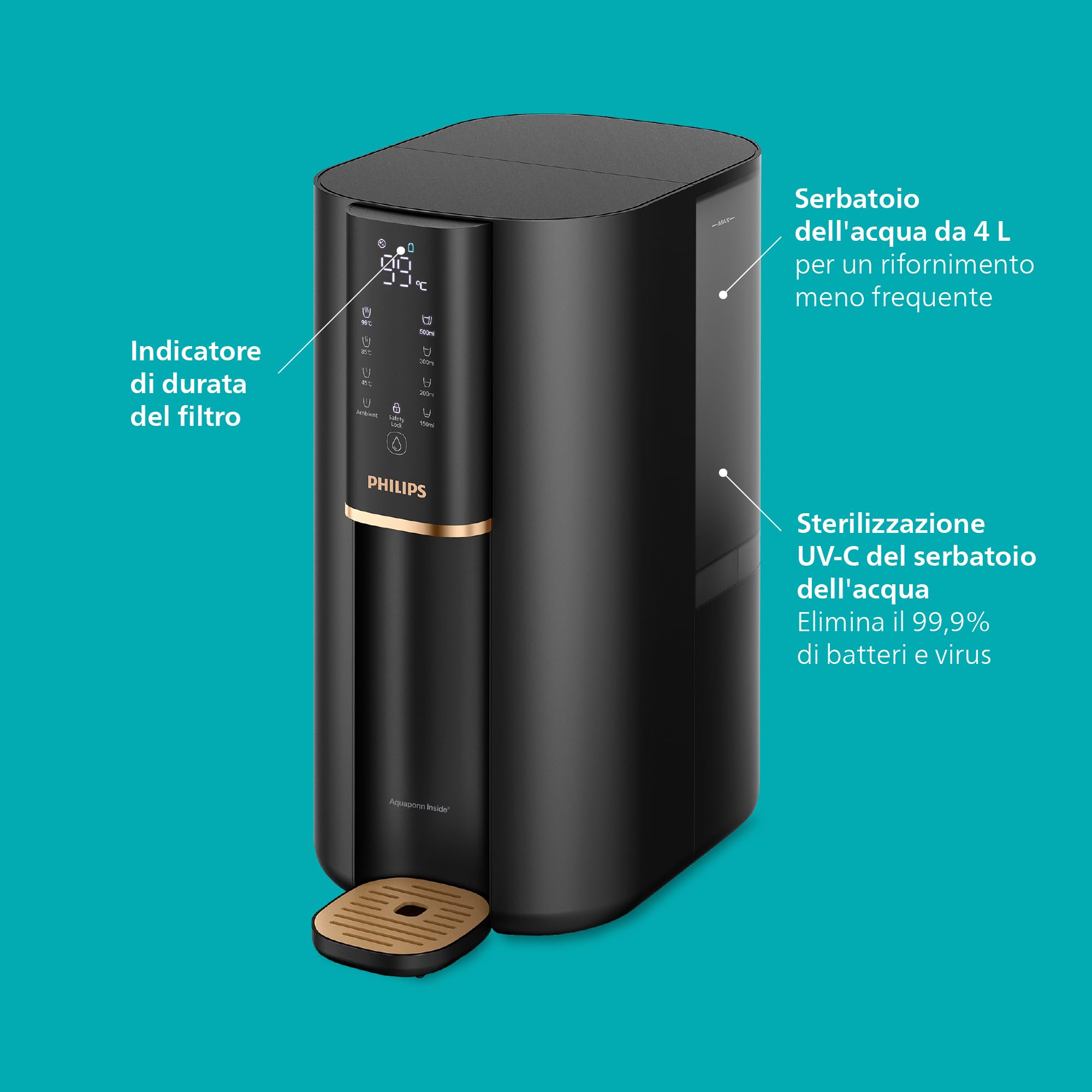 Philips Water Erogatore d’acqua a Osmosi Inversa 6100: acqua calda purificata in secondi, gusto migliore, filtrazione RO 5in1, >110 contaminanti ridotti, rapporto 3:1,UV-C, senza installazione, 2000L
