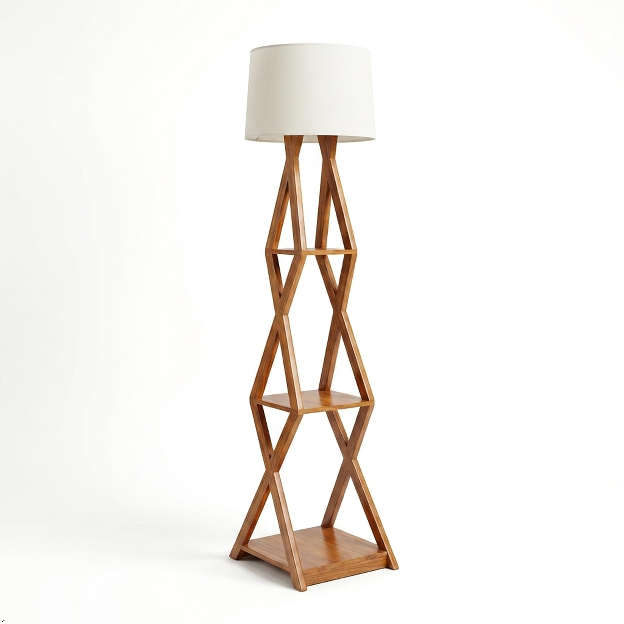 LumoNest 3-Tier Wooden Floor Lamp Yellowish Polish with Linen Texture Drum Shade | Cross-Cut X-Design Shelves | Functional & Decorative Lighting for Living Room | Lamp for Office & Bedroom Corner |-image-19