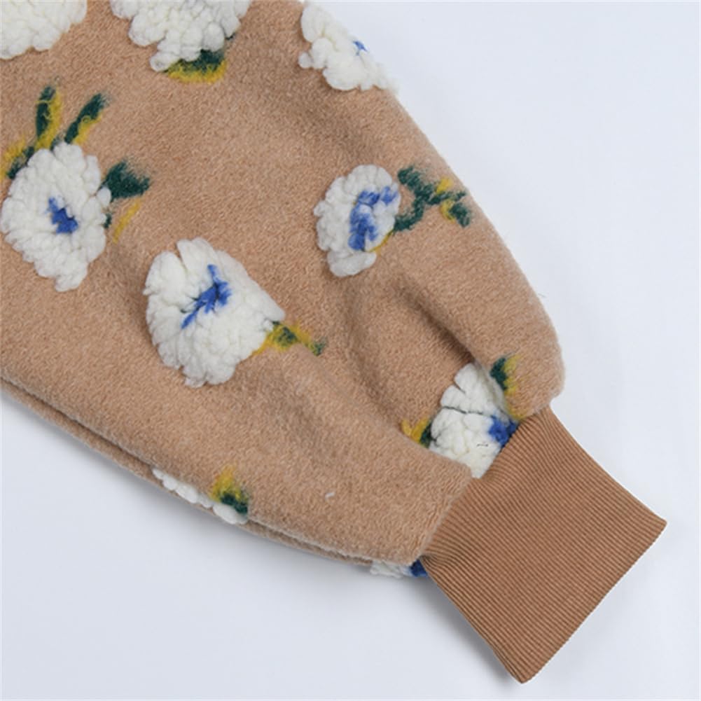 HOULENGS Women's Cropped Floral Print Fleece Bomber Jacket Casual Puff Sleeve Button Down Coats Winter Warm Outerwears - Image 5