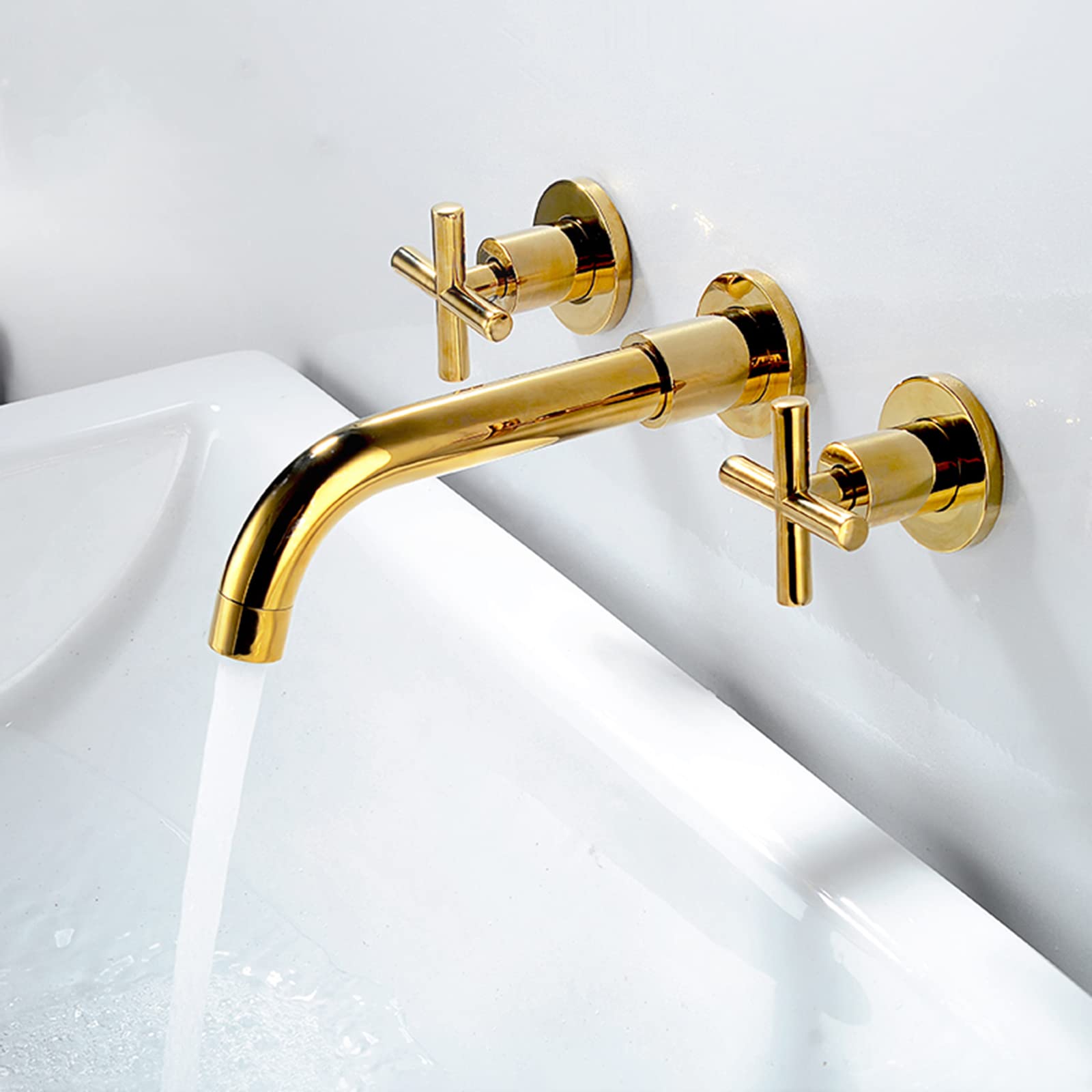 Nvsfzgiyg Gold Wall Mounted Bathroom Sink Faucet,Two Handle,With 360° Swivel Spout Basin Mixer Tap One-Piece,(Gold)