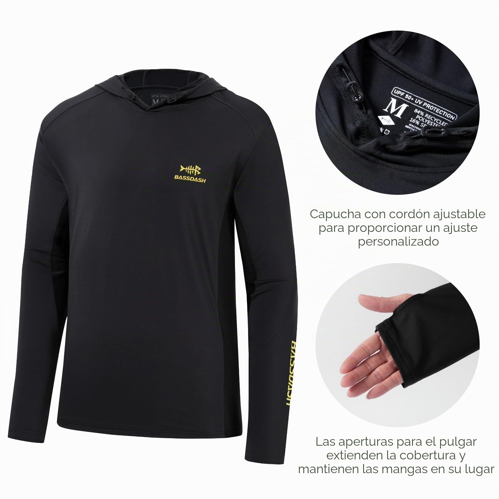 Bassdash Hombres UPF 50+ Cordón Pesca Sudadera con Capucha Camisetas UV Protección Solar Manga Larga Senderismo al Aire Libre Camisetas con Capucha FS33M