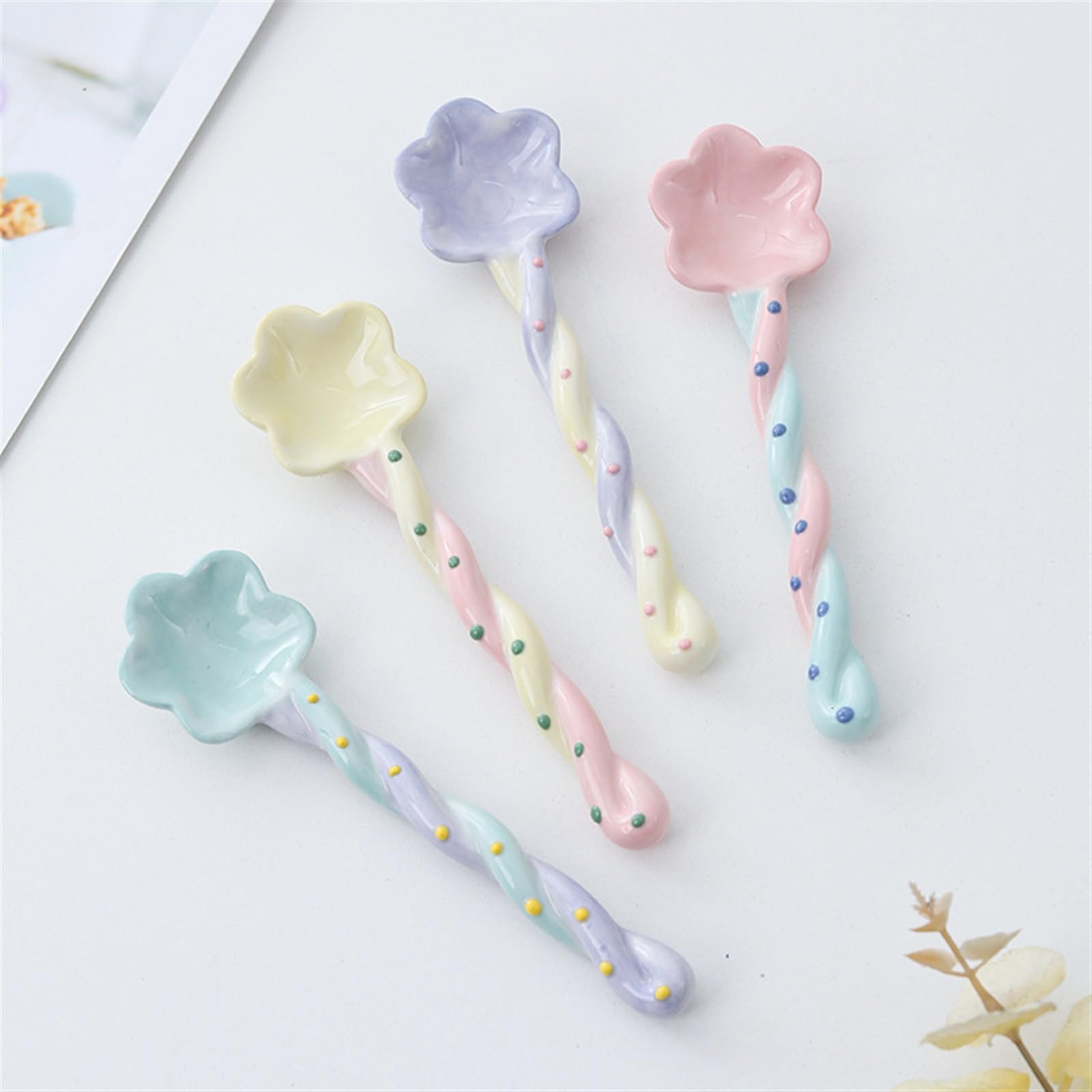Cuillère à Soupe Mignonne en céramique, cuillères en Forme de Fleur, cuillère à café, cuillère à Dessert, cuillères à Glace, cuillères à thé, cuillère à dîner à Long Manche(Yellow)