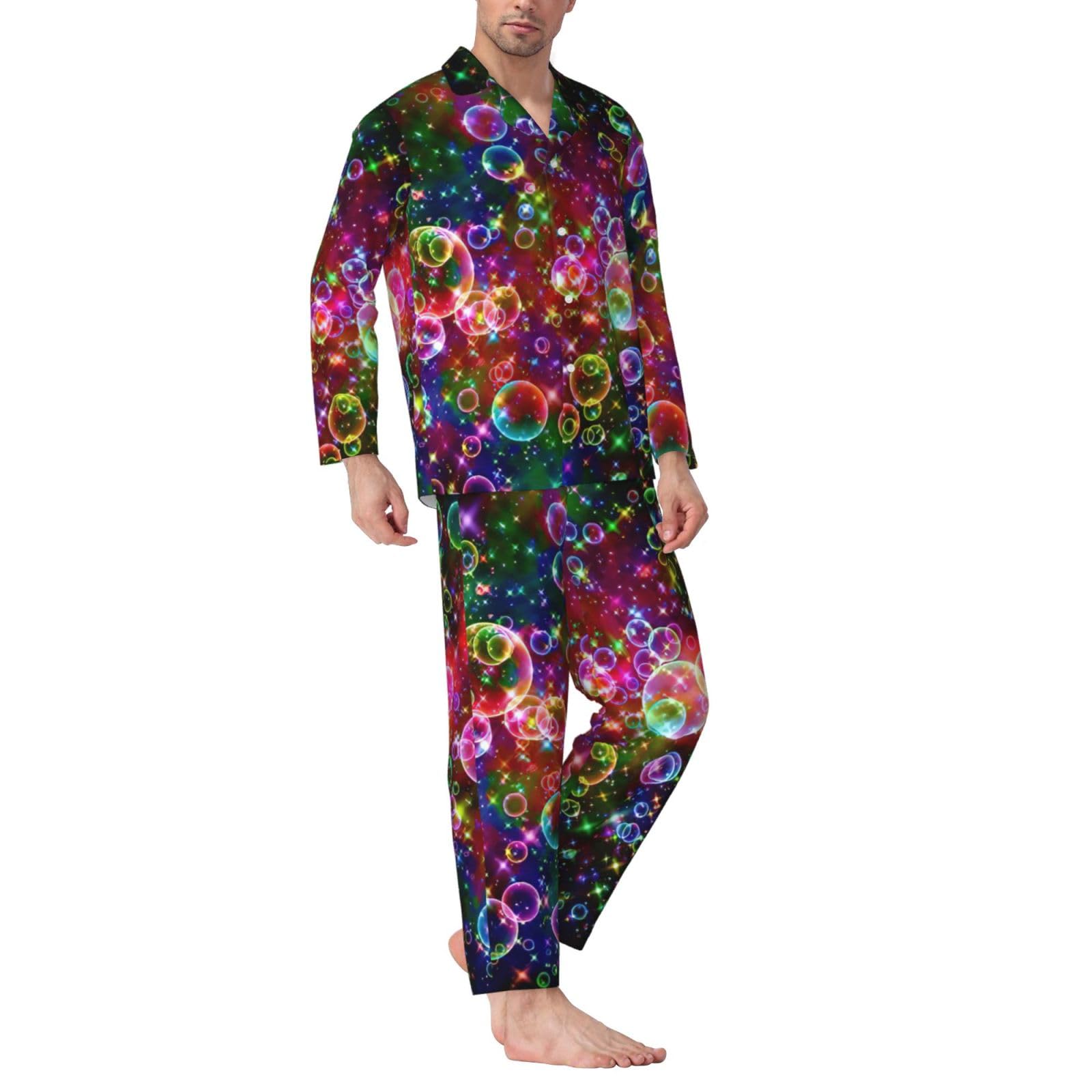 Conjunto de pijama de manga larga para hombre con estampado de estrellas y arcoíris colorido, ropa de dormir de dos piezas, transpirable, cómoda