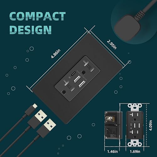 Miniatura 5 de TOPELER Cargador de pared USB negro de 6.0 A, receptáculos dúplex resistente a manipulaciones de 20 A, toma de corriente de carga con 3 puertos USB,