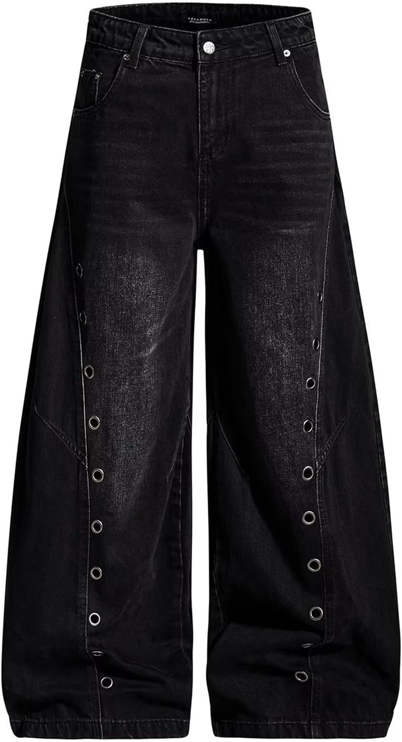 Men‘s Jeans Metal Ring Cut Out Detail Denim Oversized Wide Leg Pants Gothic Techwear Trousers