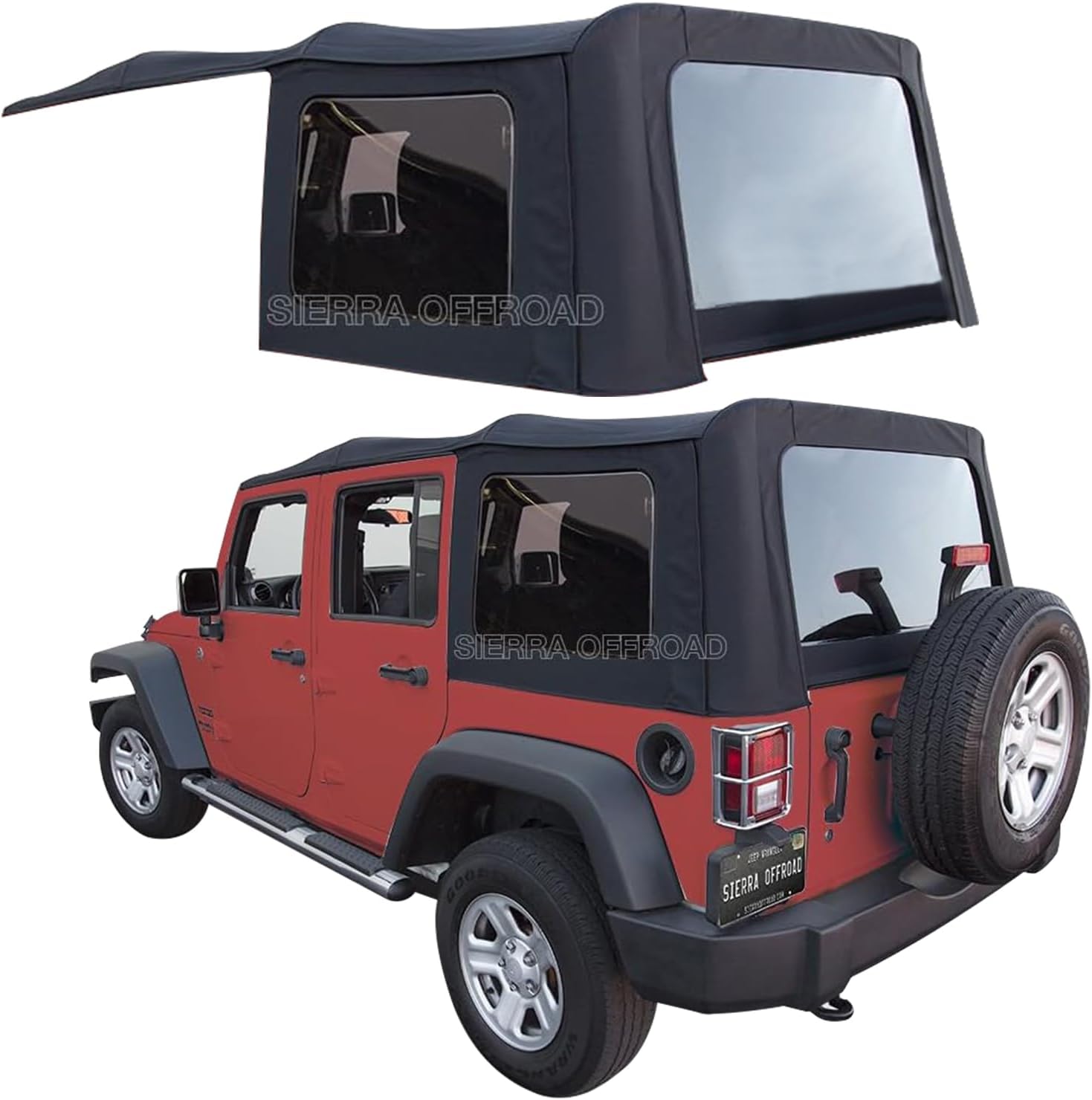 Sierra Offroad Soft Top for 2007 to 2009 Jeep Wrangler JK - Black, Twill Vinyl - 4 Door Jeep Soft Top with Rear Plastic Tinted Windows - Factory Precision Fit Replacement - No Upper Door Skins