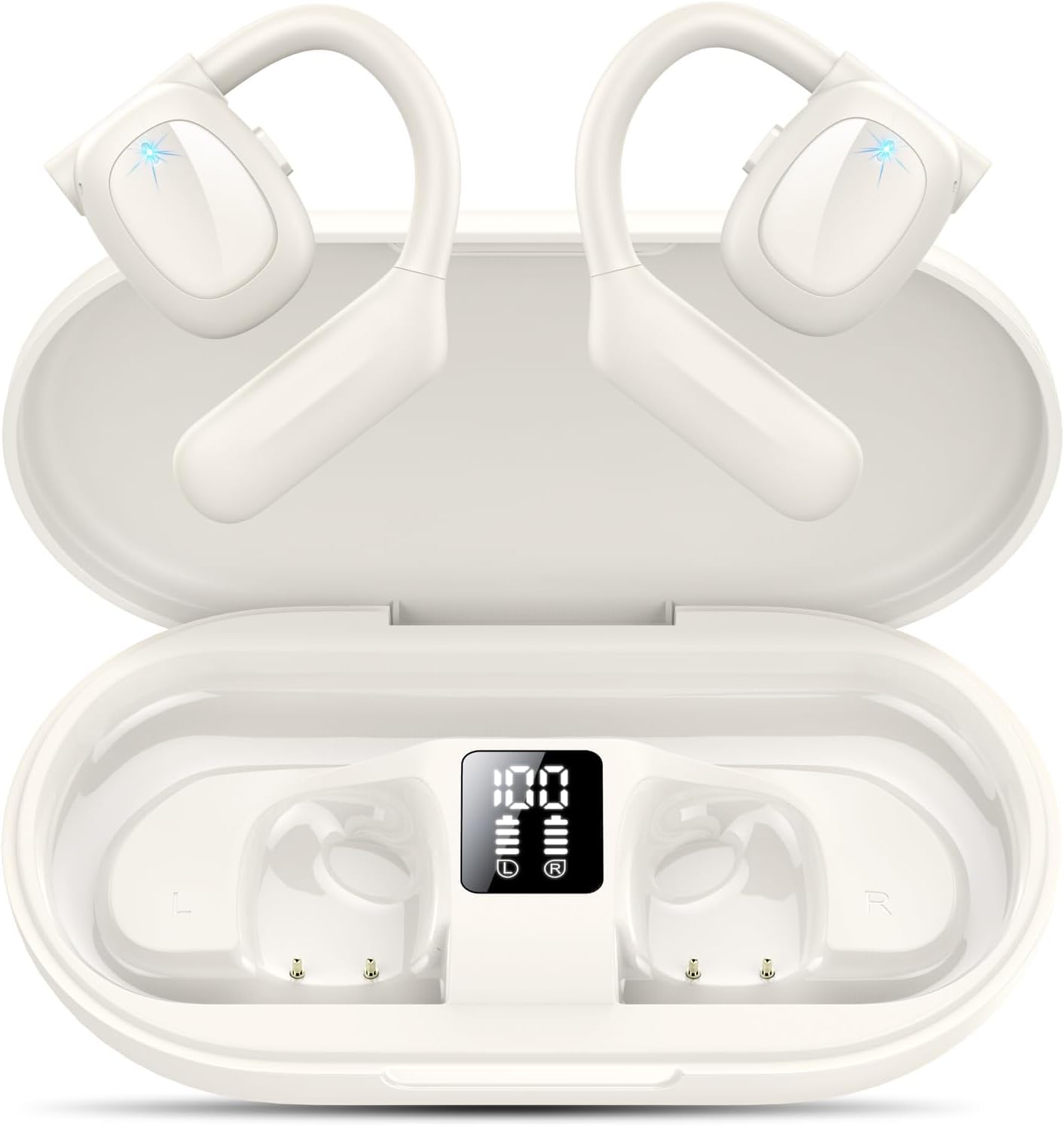 Open Ear Bluetooth 5.3 Headphones, Wireless Earbuds Sport Over Earphones Built-in Mic with Earhooks 75H Playtime Ear Buds LED Display Charging Case,