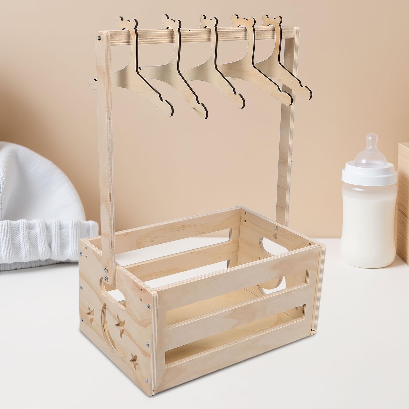 Armadio in Legno con Maniglia e Appendiabiti ad Altezza Bimbo, Contenitore per Vestiti e Giocattoli, Organizer Sospeso per Cameretta e Regalo Shower