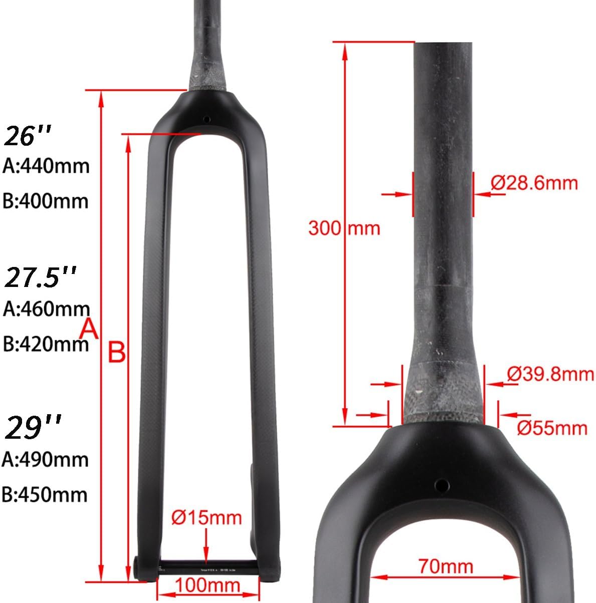 Carbon Fiber T800 Mountain Bike Rigid Fork 1-1/8'' Straight/Tapered Tube 100 * 15mm Thru Axle Rigid Fork with Thru-axle Rod