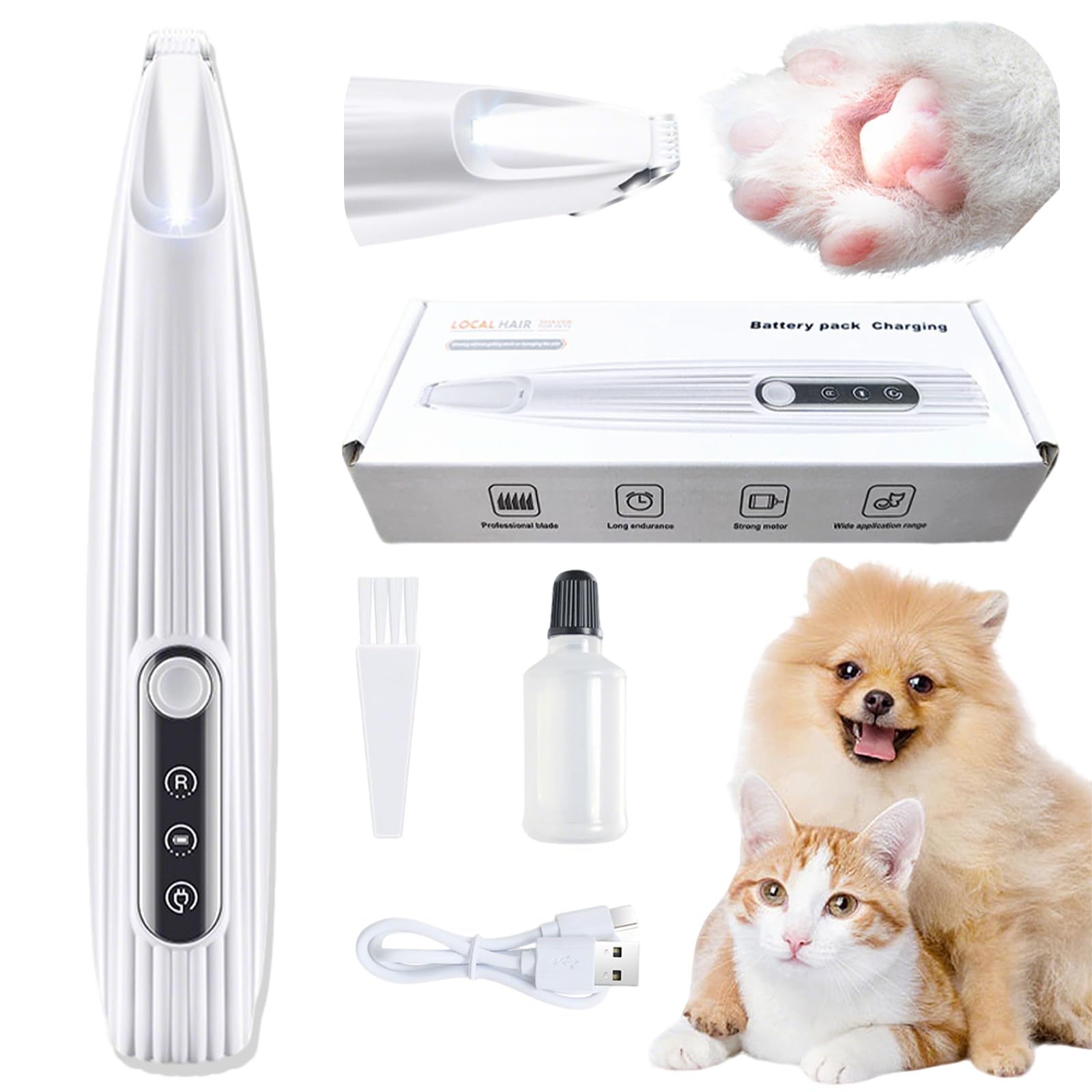 Upgrade Paw Trimmer for Cat and Dog,Pet Paw Trimmer with LED Light,Small Dog Clippers,Low Noise Cordless Cat Shaver for Face,Eyes, Ears (White)