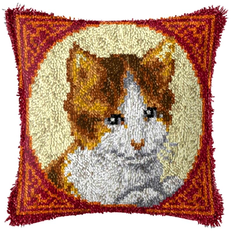 YEESAM ART Latch Hook Cushion Kits for Adults & Beginners, Orange-and-White Cat Pre-Printed Latch Hooking Pillow Kit, DIY Embroidery Set Pillowcase for Home Sofa Decor Idea