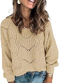 Dokotoo Womens 2023 Cute Elegant Soft Crewneck Long Sleeve Hollow Cable Knit Pullover Sweaters