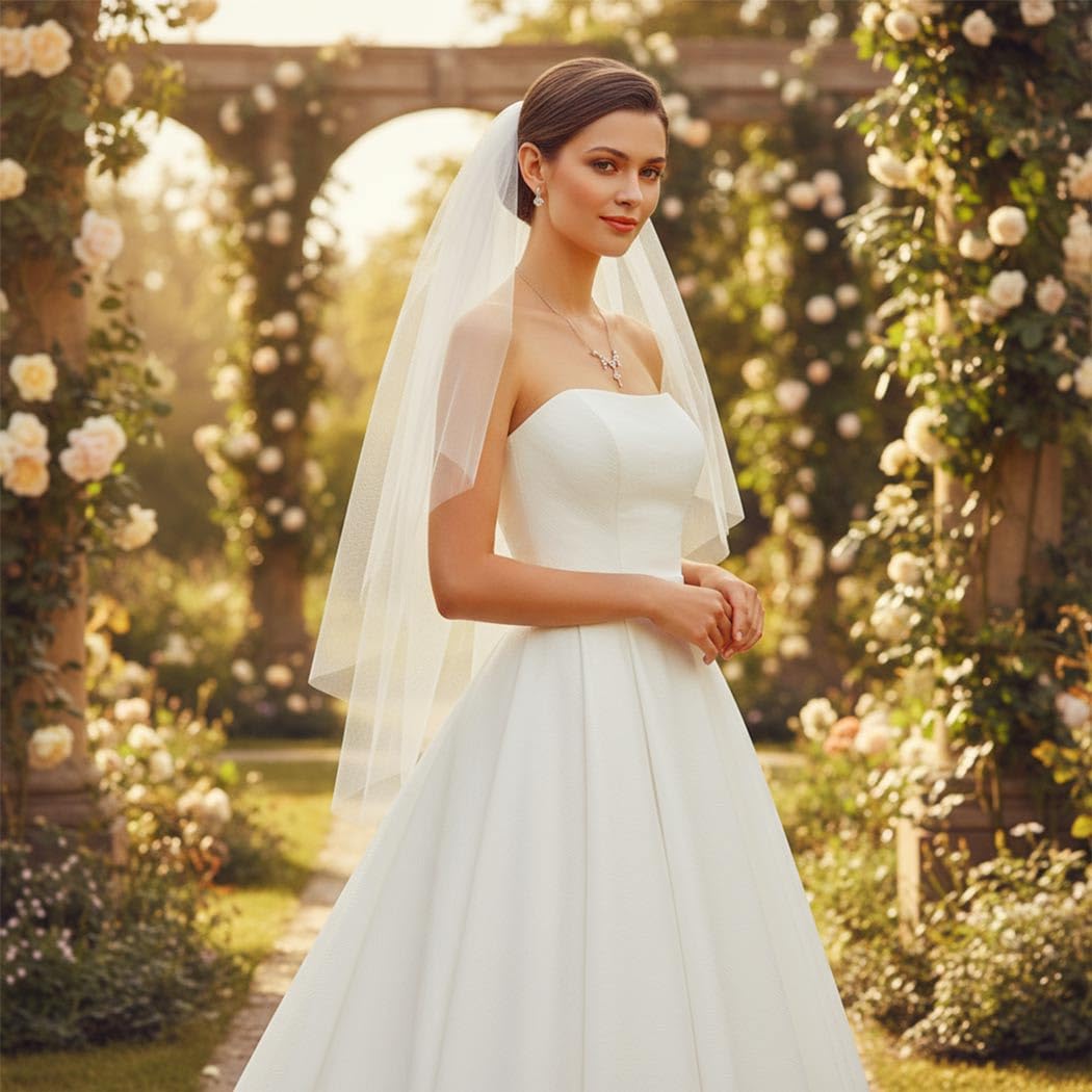 Unsutuo 2 Layer Wedding Veil Short Bridal Veil Fingertip Length Tulle Veils with Comb and Cut Edge (Ivory) - Image 6