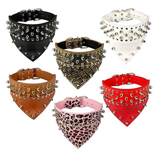 Didog 2" Width Bandana Style Scarf Leather Dog Collar, Spiked Studded Fit Dalmatian Pit Bull Terrier,Black L Size #TOP2