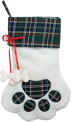 Miniatura 4 de Personalized Planet Calcetín de Navidad con diseño de pata de perro con nombre de mascota personalizado, sherpa sintético blanco con puño a cuadros