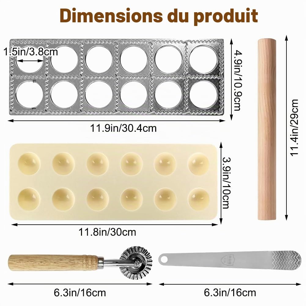 Machine à Raviolis - 4 Pièces en Acier Inoxydable Incluant Emporte-Pièces Rond/Carré 40mm et Rouleau - Pour Raviolis, Dumplings et Pâtes Frais - Grand Espace de Remplissage