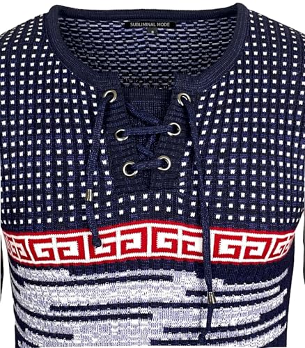 Subliminal Mode - Jersey de punto para hombre con cuello en V con cordones - Estilo básico - Corte ajustado - Jersey de punto de invierno de manga larga BX52156, azul marino, L - imagen 3