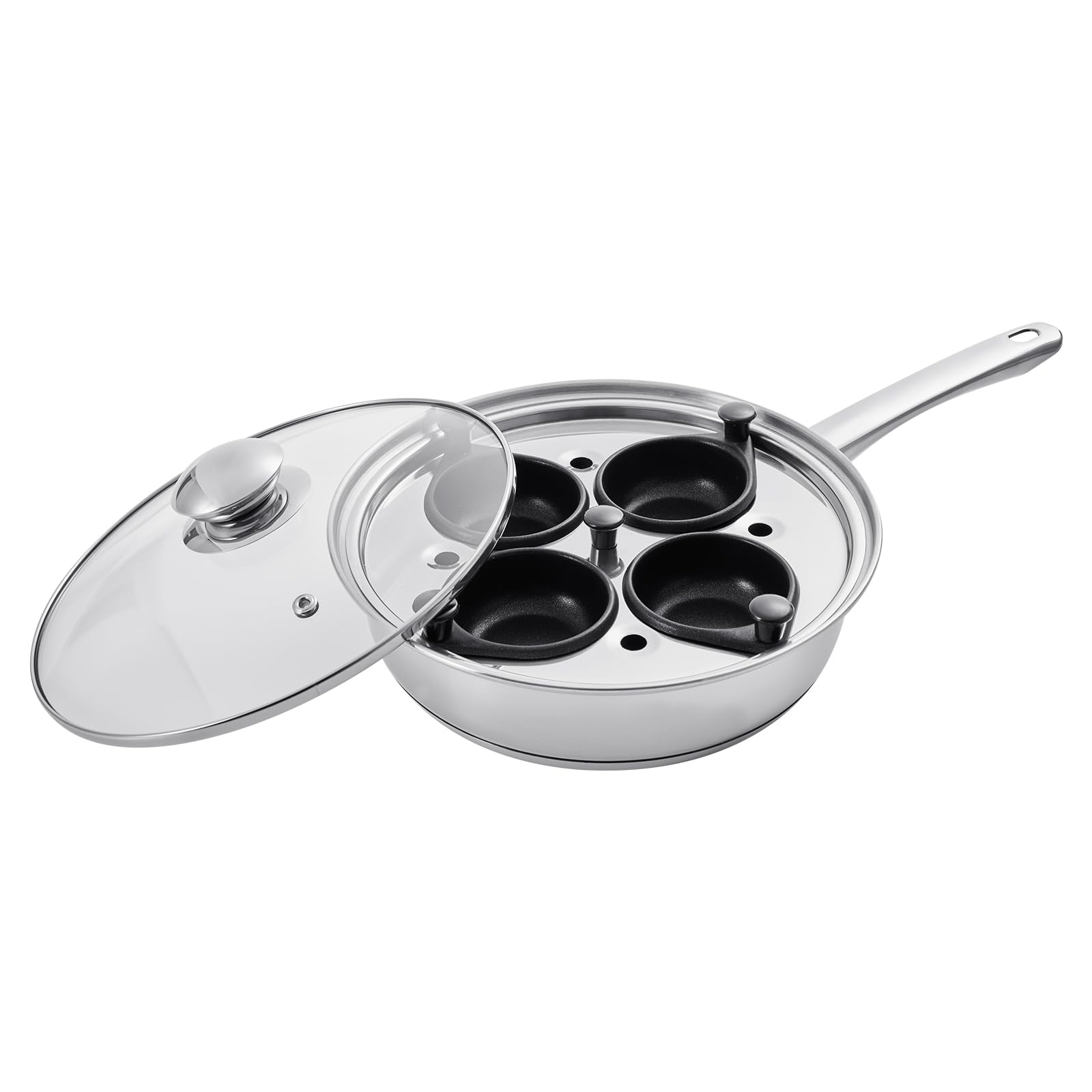VEVOR Egg Poacher Pan, 4-Cup Poached Egg Maker, Stainless Steel Poaching Pan and Frying Skillet, with 4 Nonsitck Detachable Large Cups, Lid, and Silicone Spatula, Compatible with Induction S