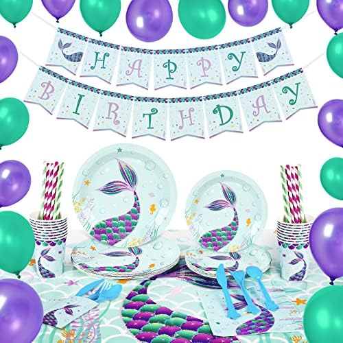 WERNNSAI Pool Mermaid Party Supplies Kit - Girls Birthday Party Decoration Cutlery Bag Table Cover Plates Cups Napkins Straws Utensils Birthday Banner & Balloons Serves 16 Guests 169 PCS