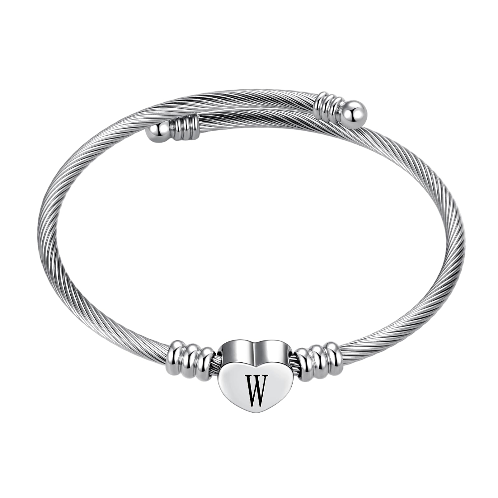 Silver Initial Letter Cuff Bracelet for Women Expandable Stainless Steel Heart Bangle Bracelets for Women Personalized Jewelry