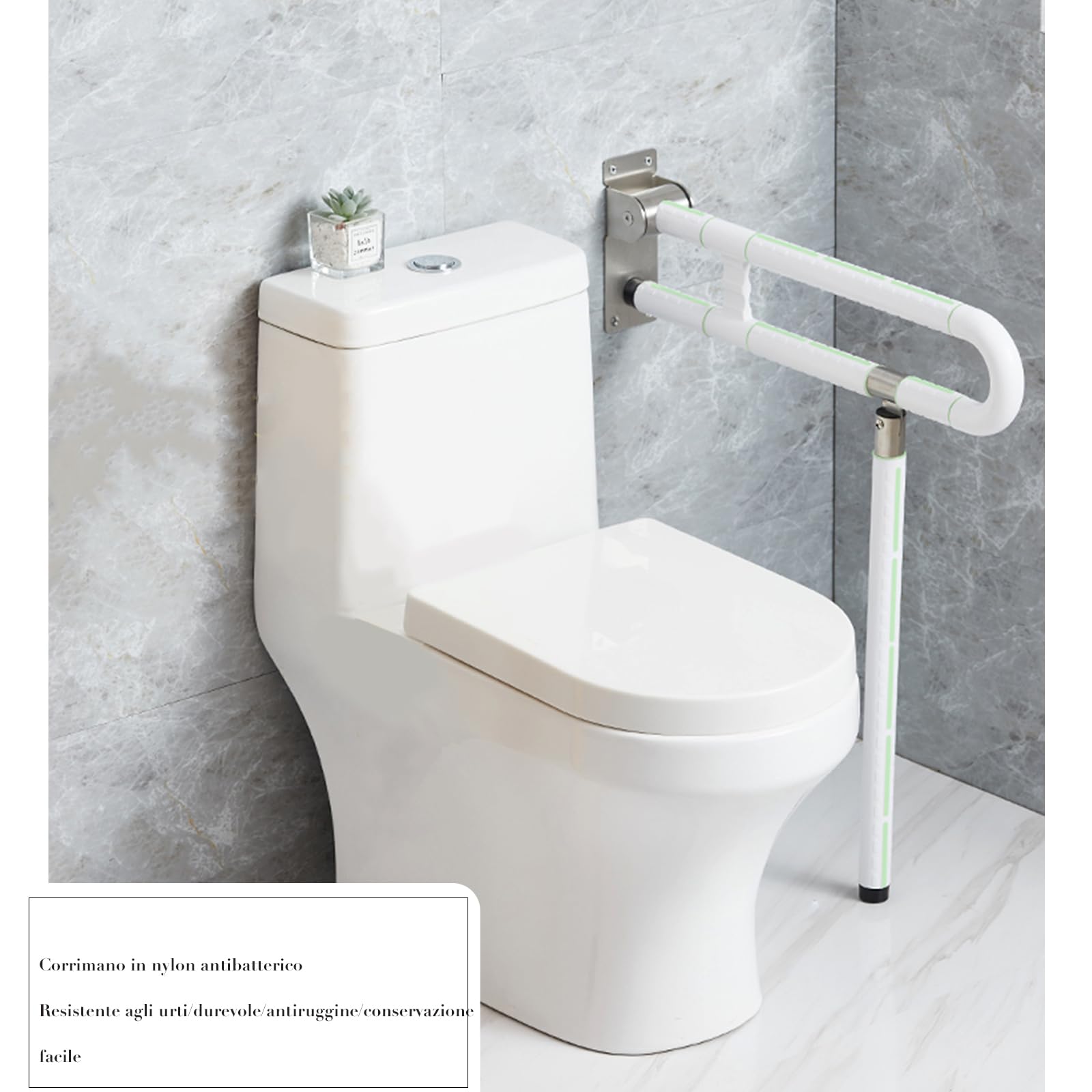 Maniglione Ribaltabile Bagno per WC, Maniglioni per Anziani In Acciaio Inossidabile, Maniglia di supporto da parete per WC, 60 cm, per anziani, disabili, per WC con gambe e WC(bianco,Con stile gamba)