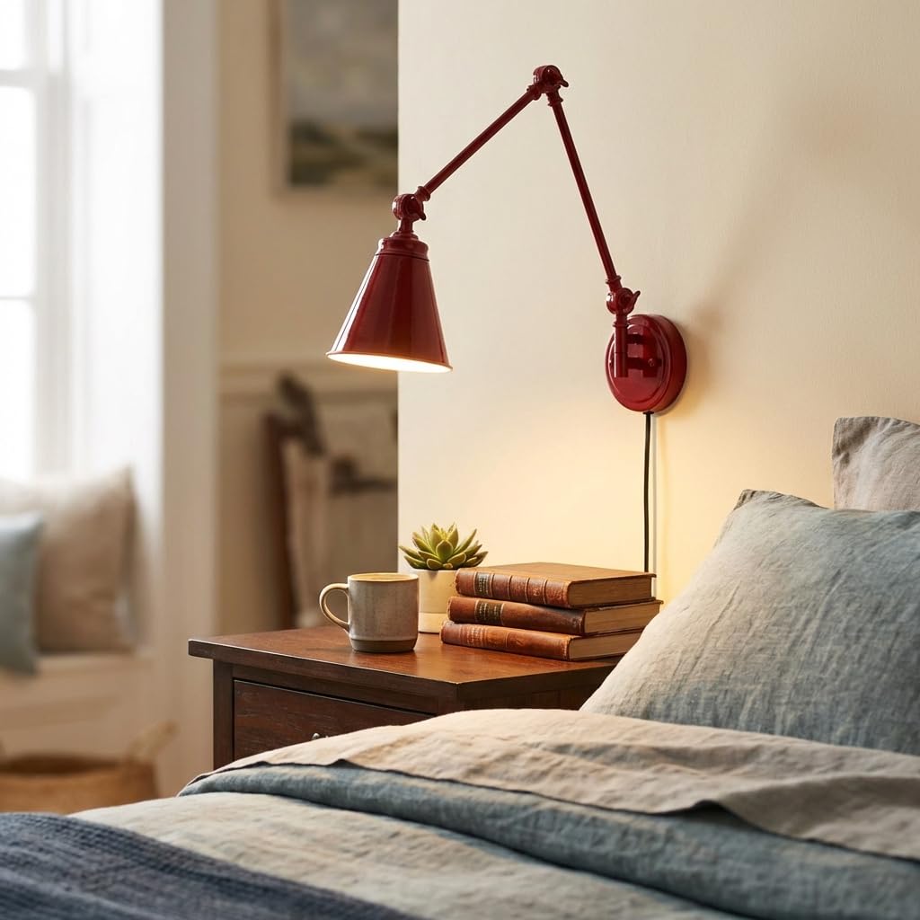BARCELONA LED Applique da Parete Rosso con Braccio Regolabile, Alluminio di Alta Qualità, Stile Classico e Moderno, Illuminazione Lusso Retrò e Industriale per Camera, Soggiorno o Ufficio