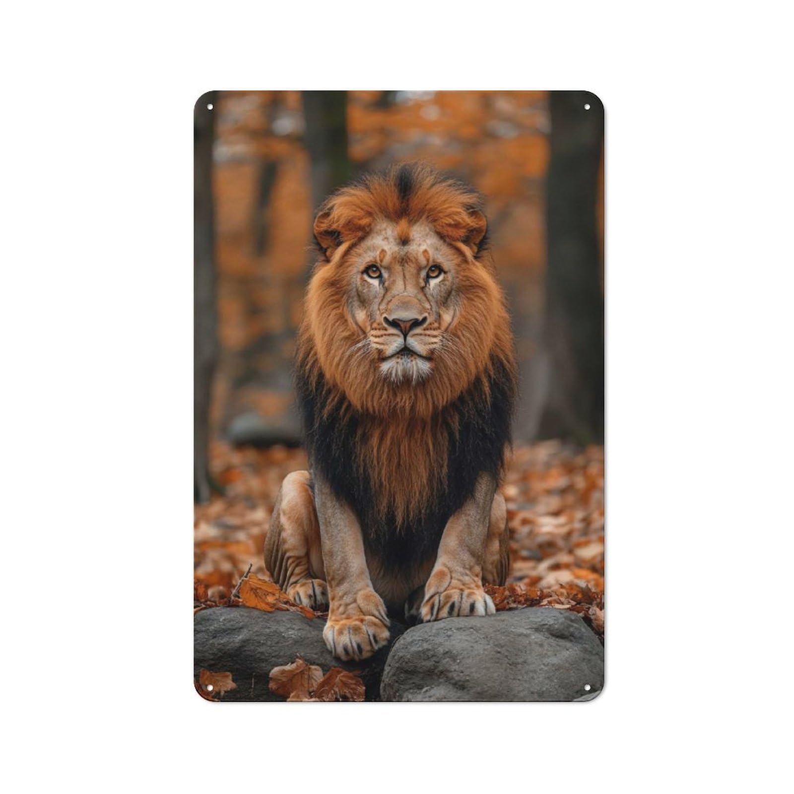 Junmoney Style-6 Majestic Lion Portrait In Autumn Setting Rustic Metal Sign 30X20cm For Hobby Room Or Studio, Suited To Hobby Room Decor Fans