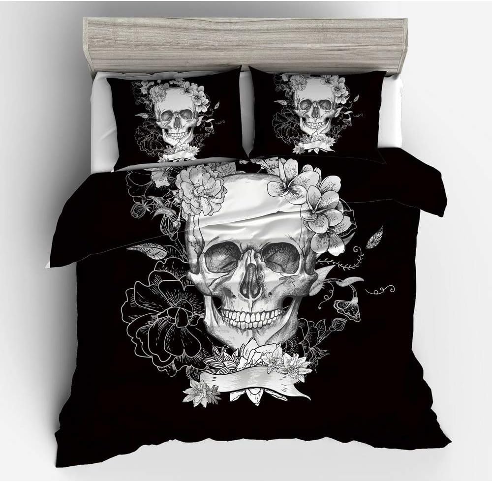 CBA BING 3D Print New Flower Skull Bedding Sets,with Zipper Closure,Halloween Quilt Cover With Pillowcase,Duvet Cover Set,Black,150×200cm
