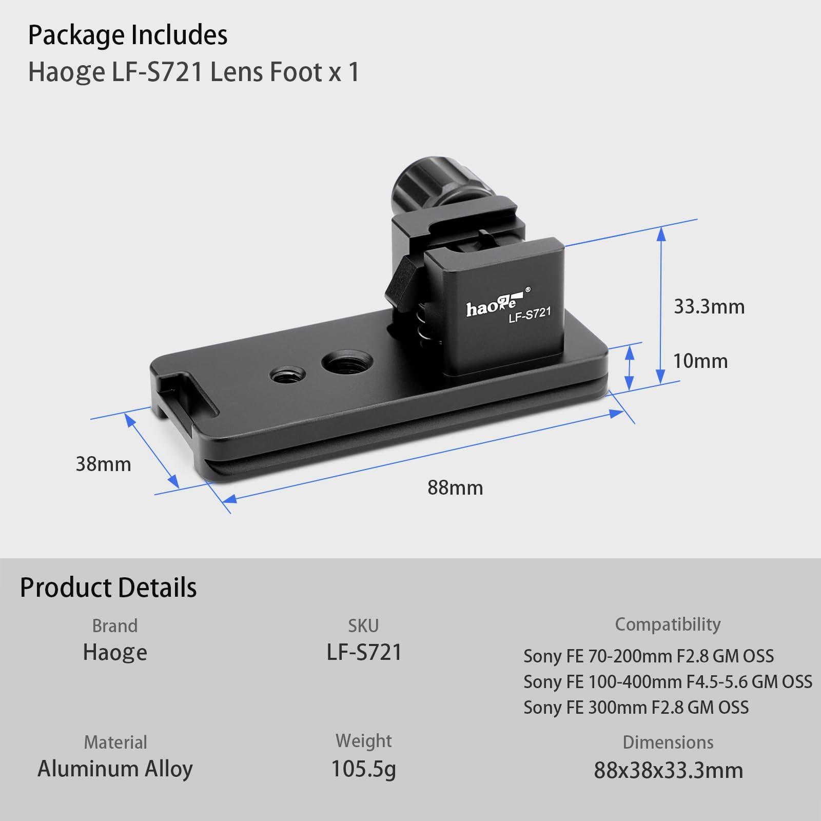 Haoge LF-S721 - Pie de repuesto de lente para Sony FE 70-200 mm F2.8 GM OSS SEL-70200GM y Sony FE 100-400 mm F4.5-5.6 FE 300 mm F2.8 GM OSS, soporte de anillo de montaje en trípode con placa suiza