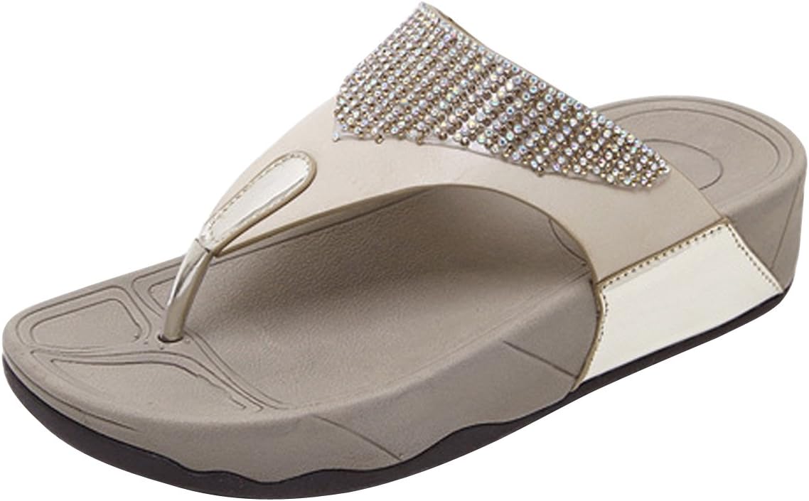 LUXINYU Women Flip Flop Sandals - Wedge Heel Beach Slides, Rhinestone Thong Sandals,White US 6