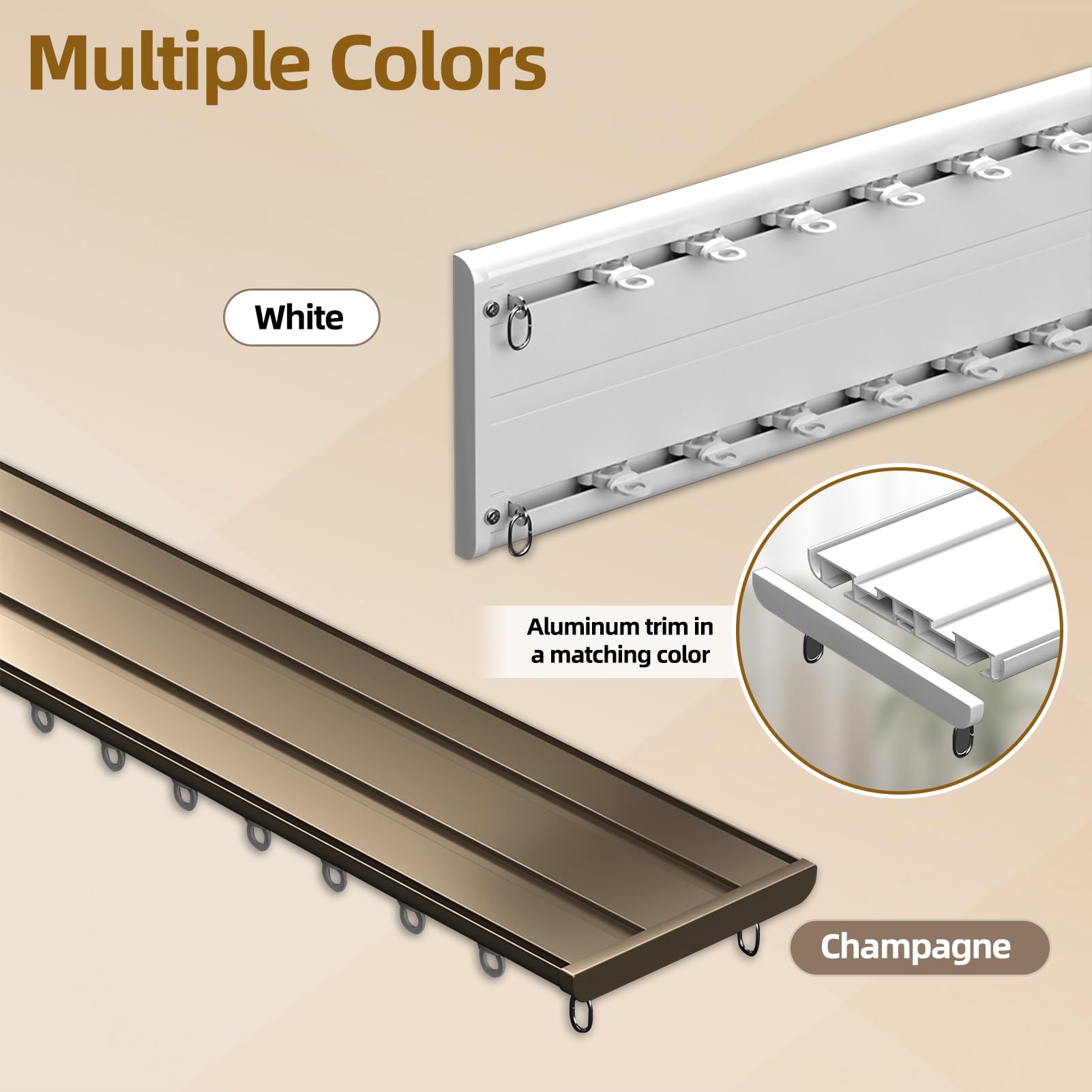 Leises zweireihiges Deckenschienensystem – 3 m flexible Aluminiumschiene für Raumteiler, biegbares Design, ideal für Wohnzimmer und Schlafzimmer, Champagner-Finish