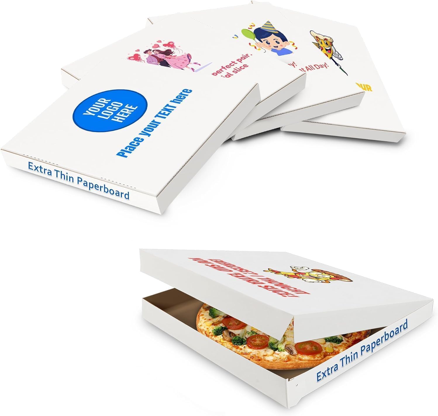 MT Products Custom Printed Pizza Boxes 12" x 12" x 1.9" - Extra Thin White Customizable Pizza Box with Logo (Pack of 15) - Made in the USA