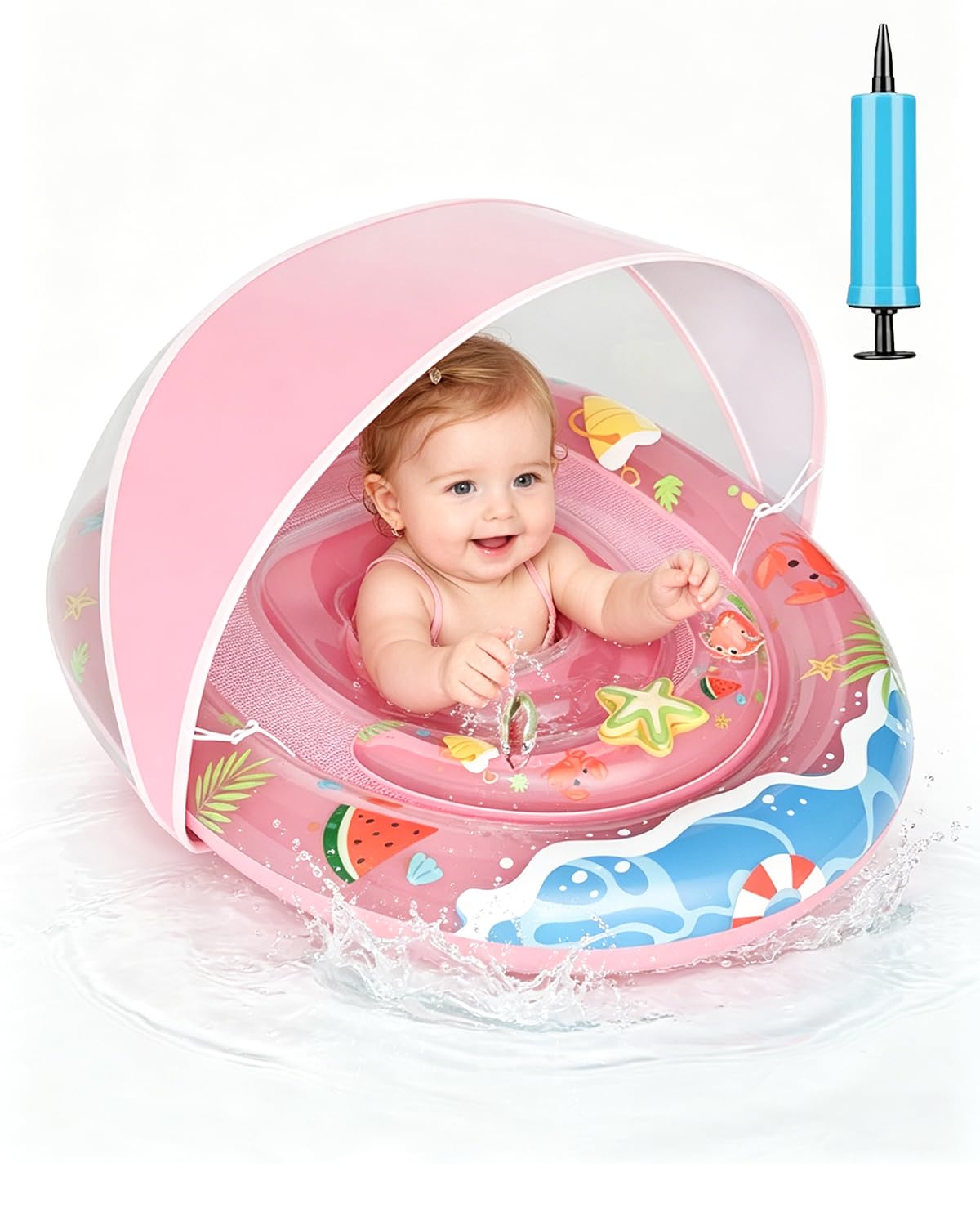 Baby Swimming Float, Inflatable Baby Pool Float with UPF 50+ Sun Canopy, Safety Bottom Support, Adjustable Seat, Dual Airbags, Baby Swimming Ring, Pool Swimming Float for 6-36 Months Kids, Toddlers
