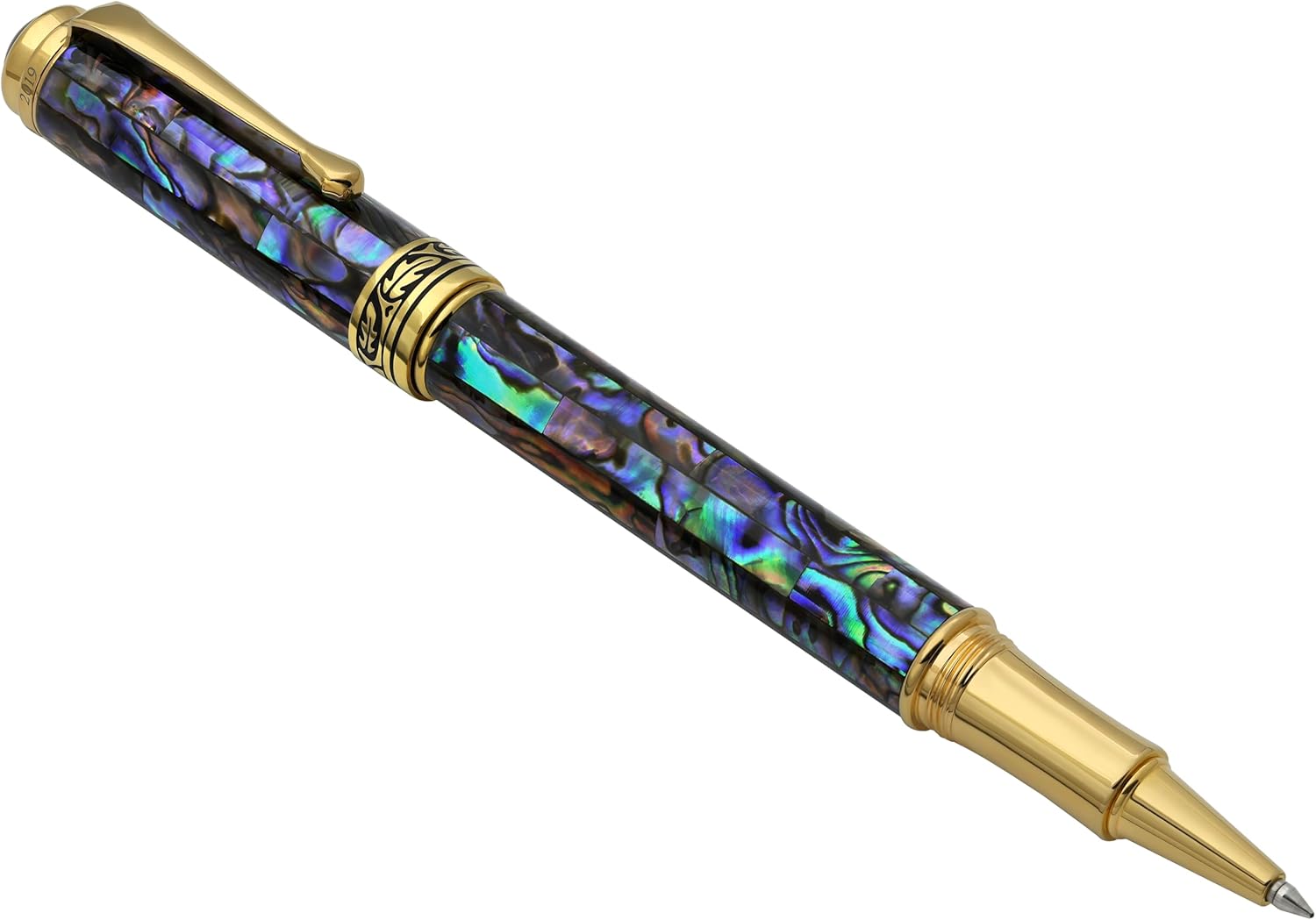 Xezo Maestro Fine Point Executive Rollerball Pen, Iridescent Paua Sea Shell, 18 Karat Gold Plating. Handmade Gift, Limited Edition, Serialized. No Two Alike