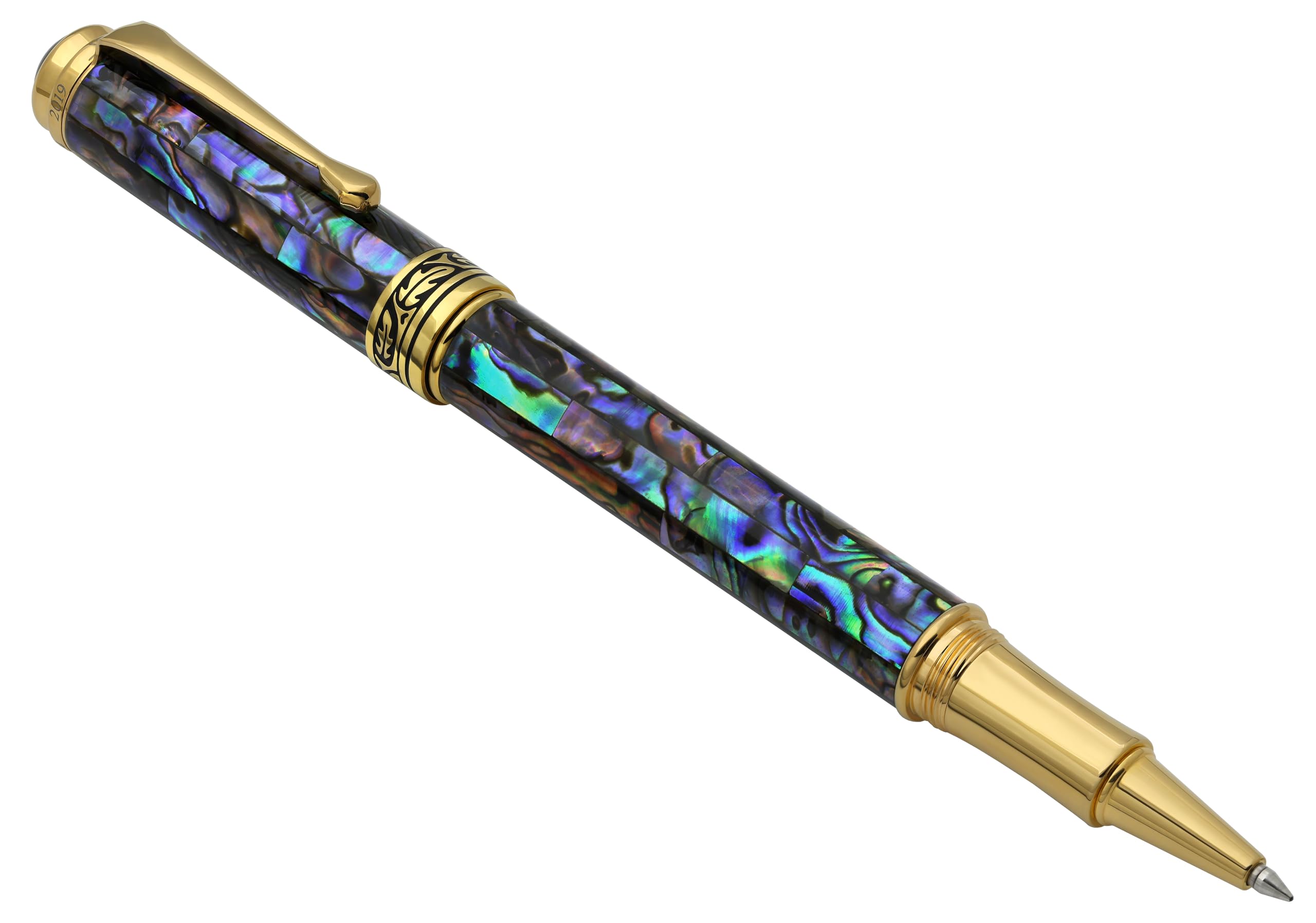 Xezo Stylo roller à pointe fine Maestro, coquillage Paua irisé et plaqué or 18 carats. Fabriqué à la main, édition limitée, sérialisé. Il n'y en a pas deux pareils