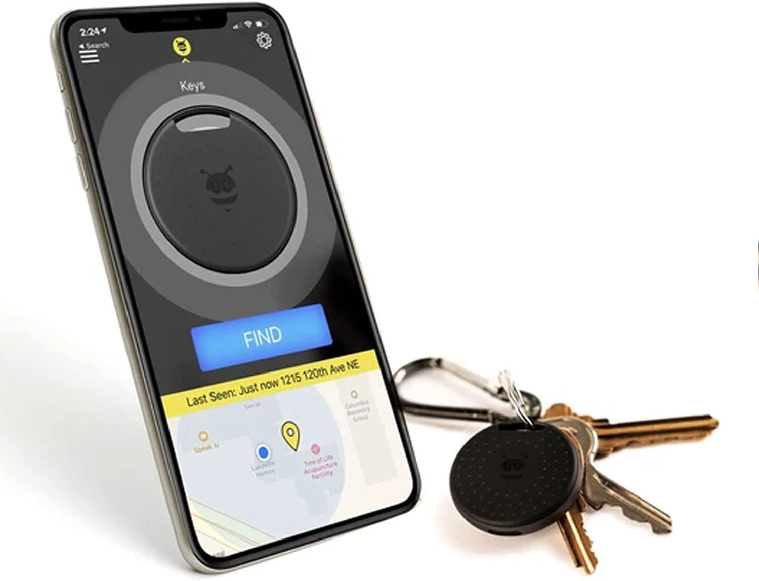 Pebblebee app interface on a smartphone showing a map and find button