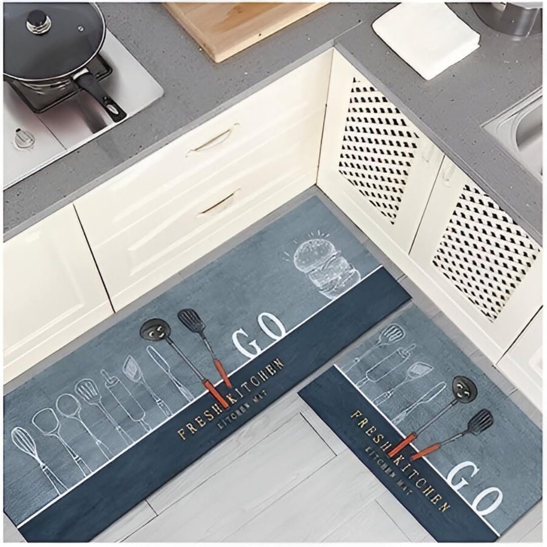 Kitchen Floor Mat Set for Sink Area, Printed Surface with Non-Slip Rubber Base, Waterproof Design, 2 Pieces (Fresh Kitchen)