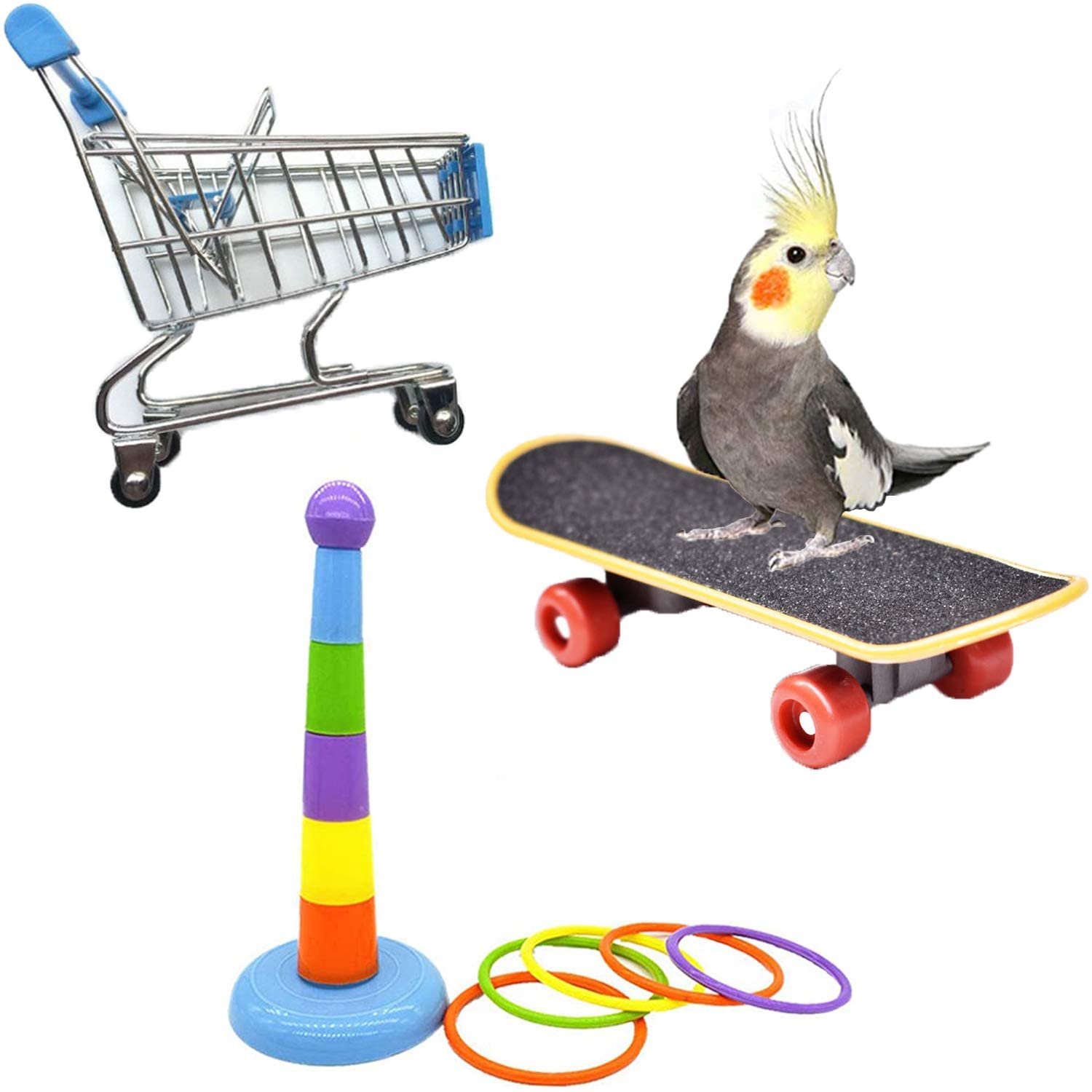 ZOCONE 3-Piece Set Bird Toy Mini Shopping Cart Perch Skateboard Ring Toss Game for Parakeet Cockatiel Budgie Training & Play