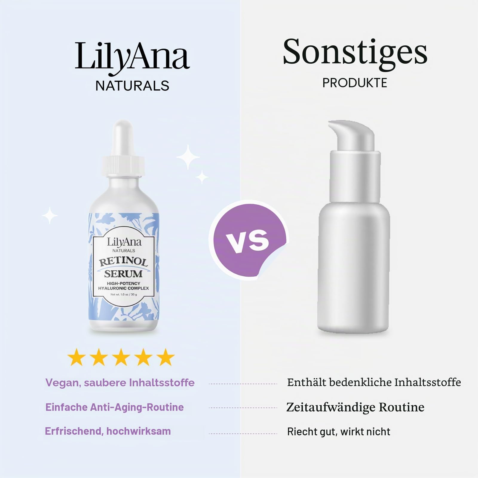LilyAna Naturals Retinol Serum - Made in USA Anti-Aging Gesichtsserum mit Hyaluronsäure und Vitamin E, reduziert Altersflecken und Sonnenschäden, fördert Kollagen und Elastin (Retinol, 28.3 g)