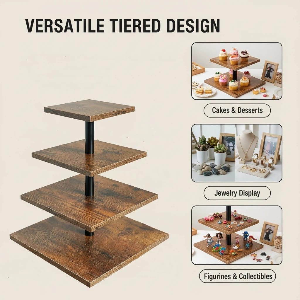 4-stöckige Etagere Holz Tortenständer | Cupcake Ständer & Servierständer für Desserts, Gebäck & Obst | Rustikaler Kuchenständer für Hochzeit, Party & Küche | Stabiles Design mit Metallrahmen