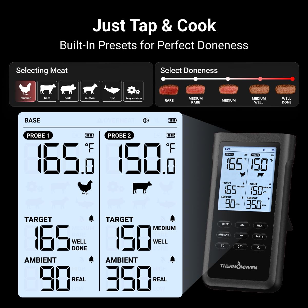 ThermoMaven 3000FT Smart Wireless Fleischthermometer, Sub-1G Langstrecke, 6 Sensoren (NIST genau), 2 dünne Sonden, Basisstation mit LCD, für Grill, BBQ, Ofen, Räucherofen (Schwarz)