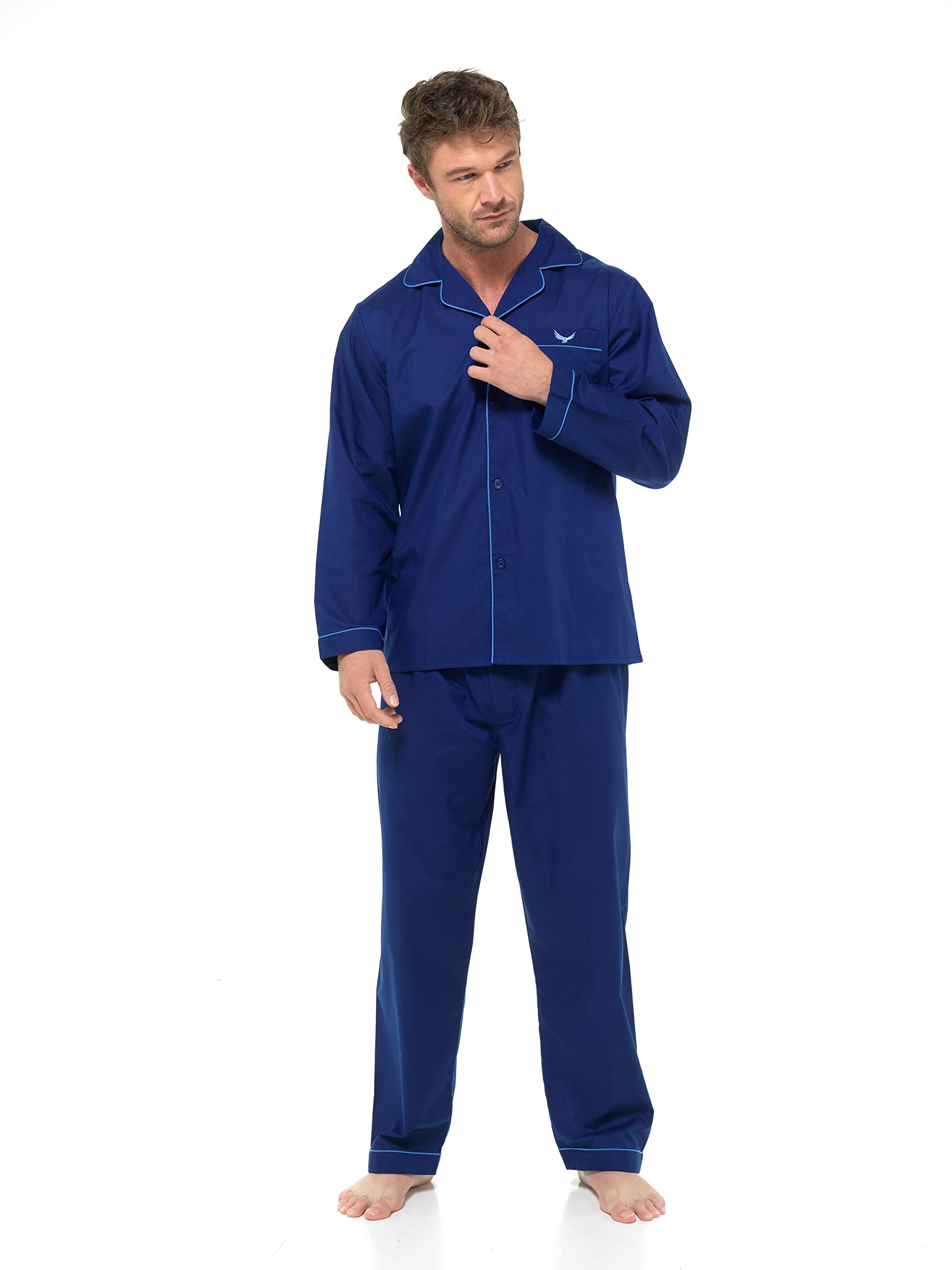 INSIGNIA Mens Woven Pyjamas Traditional with Logo Pocket (UK, Alpha, XXL, Regular, Regular, Navy)